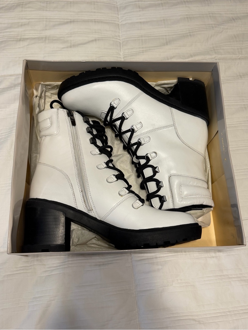 Marc Fisher White Lace-Up Block Heel Ankle Boots with Black Accents
